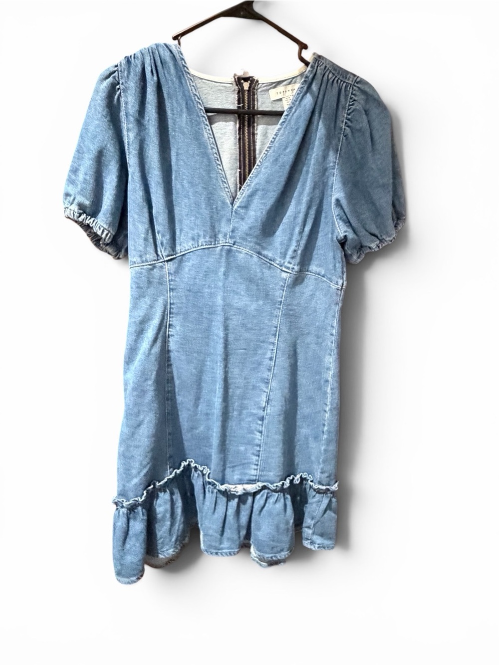Topshop Light Blue Denim Dress with Ruffle Trim